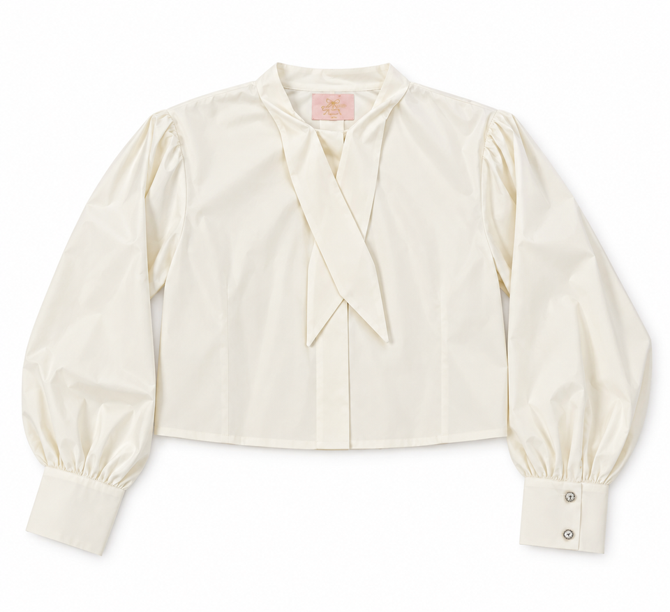 Little Tempest Cream Teens Taffeta Tie Cropped Shirt
