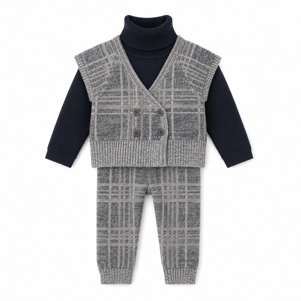 Le Bourdon Navy Turtleneck w/ Quilted Corduroy Vest Set