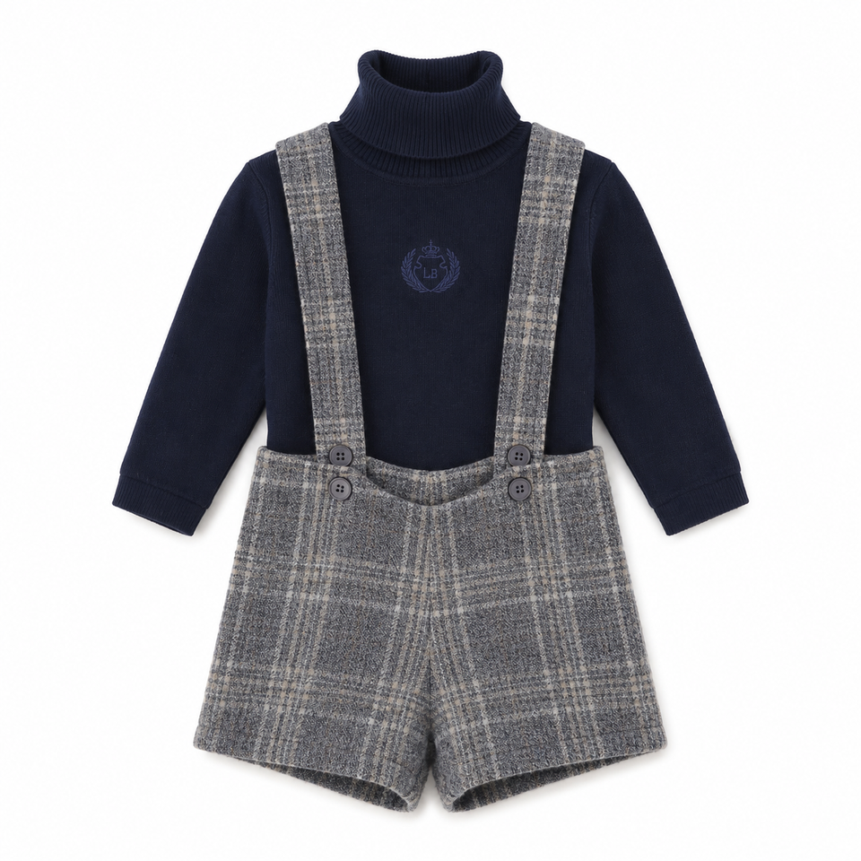 Le Bourdon Grey/Navy Plaid Print Overall Set