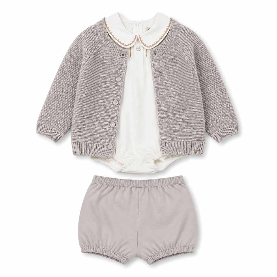 Madeline Taupe 3Pcs Boys Bubble Bloomer Set