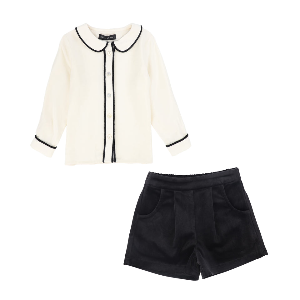 Francesca Guiliano Piped Silk blouse w/ Velvet Short Set