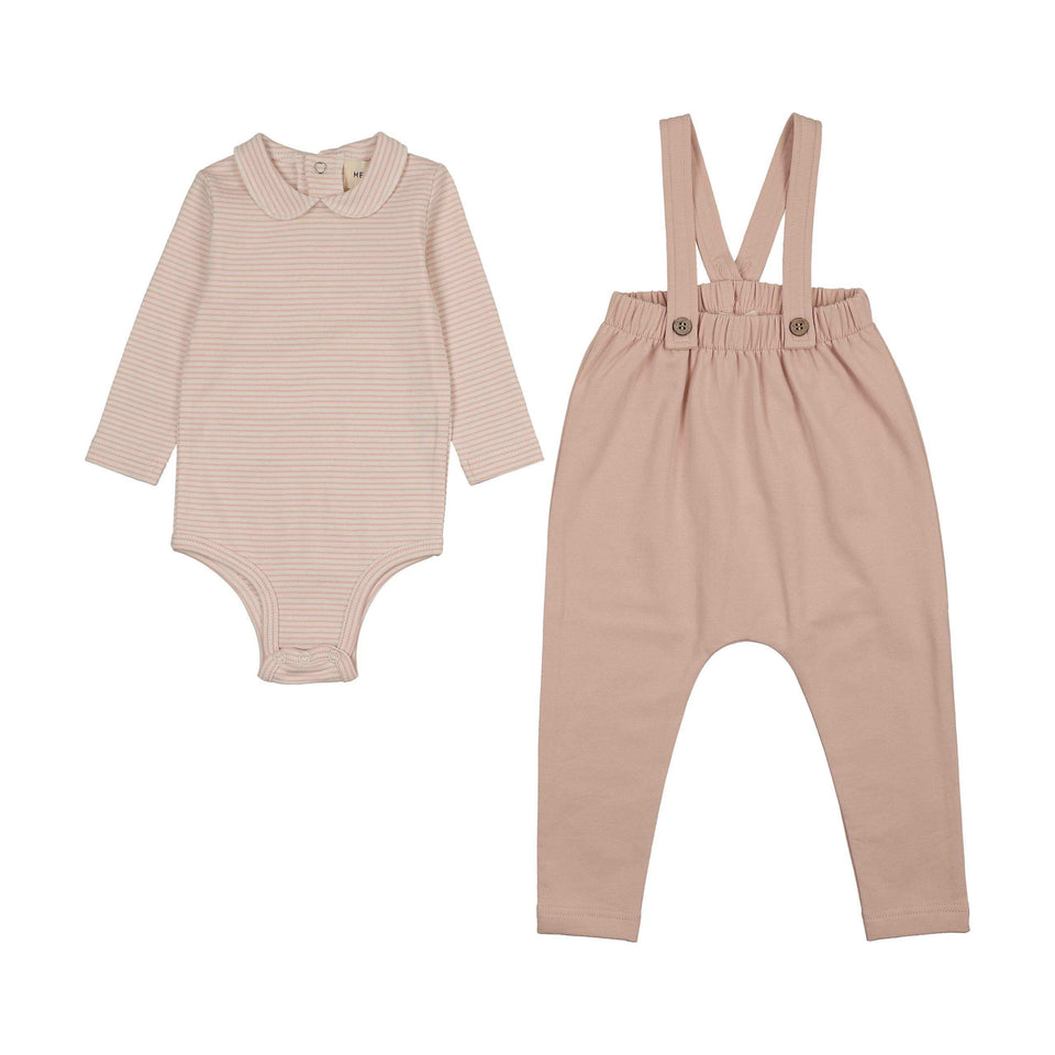 Mema Knits Pale Rose Striped Collared Terry Overall Set