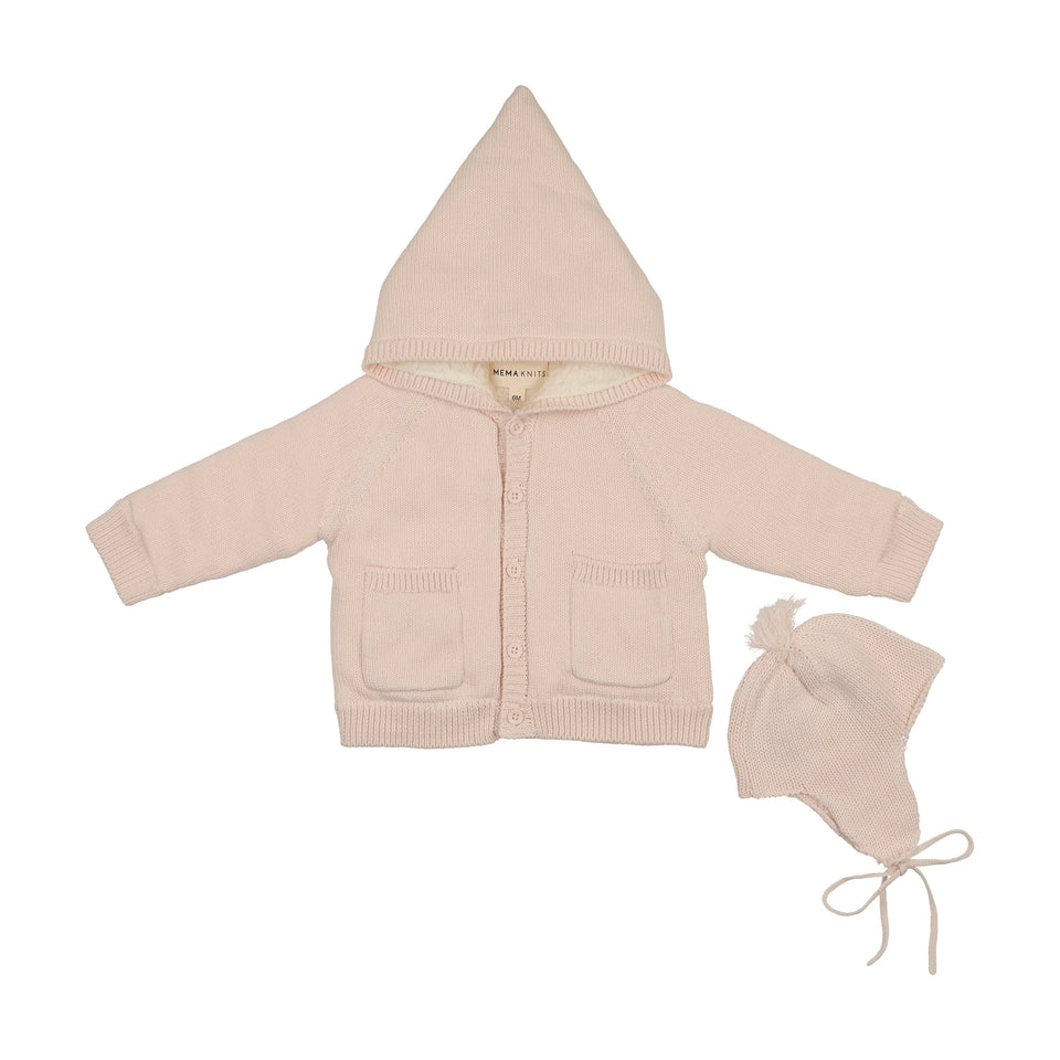 Mema Knits Baby Blush Hooded Sherpa Lined Sweater +Bonnet