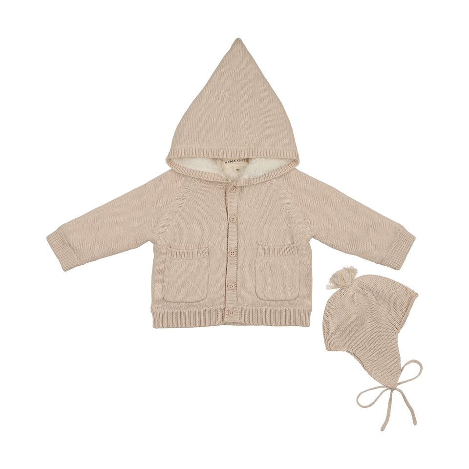 Mema Knits Sand Hooded Sherpa Lined Sweater +Bonnet