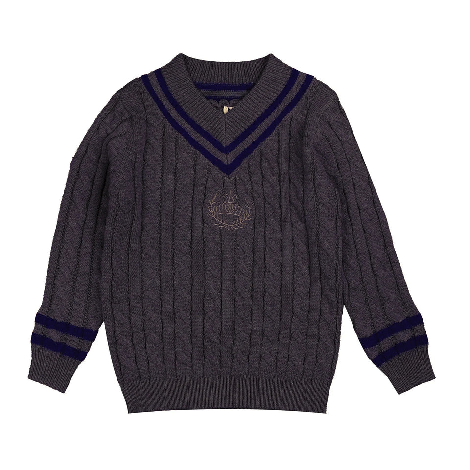 Belati Charcoal Cable V-neck Emblem Knit