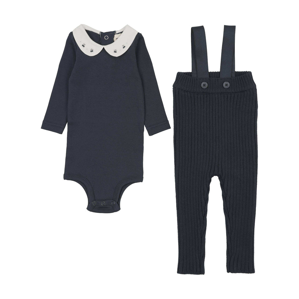 Mema Knits Navy Knit Overall Embroidered Collar Set