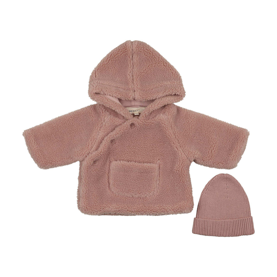 Mema Knits Pale Rose Sherpa Jacket + Knitted Beanie