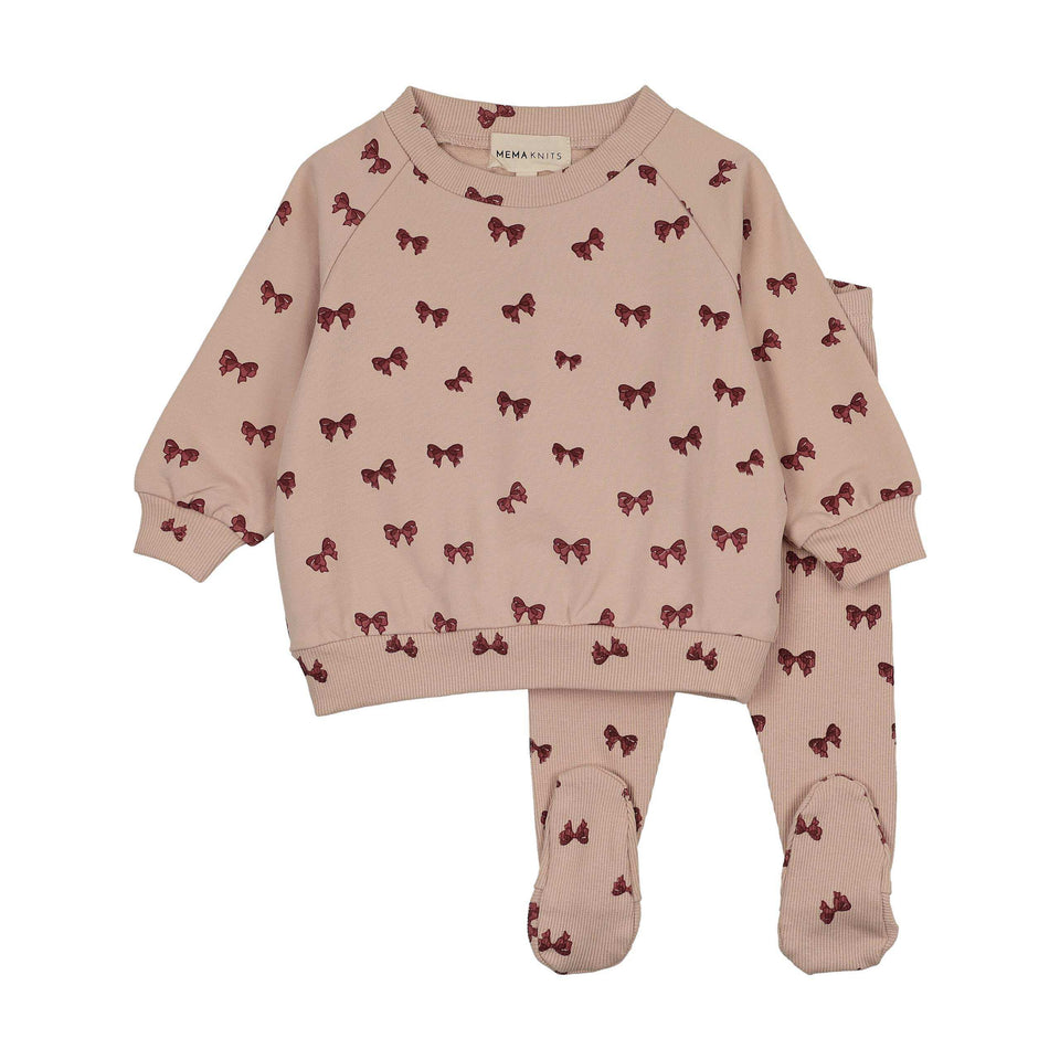 Mema Knits Burgundy Bow Print Sweatshirt Set