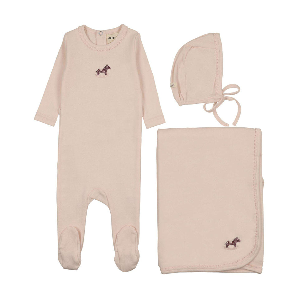 Mema Knits Blush Embroidered Horse Rocker 3pc Set