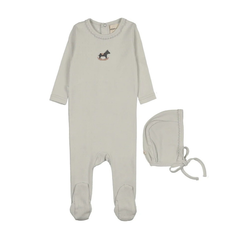 Mema Knits Ice Blue Embroidered Horse Rocker Footie