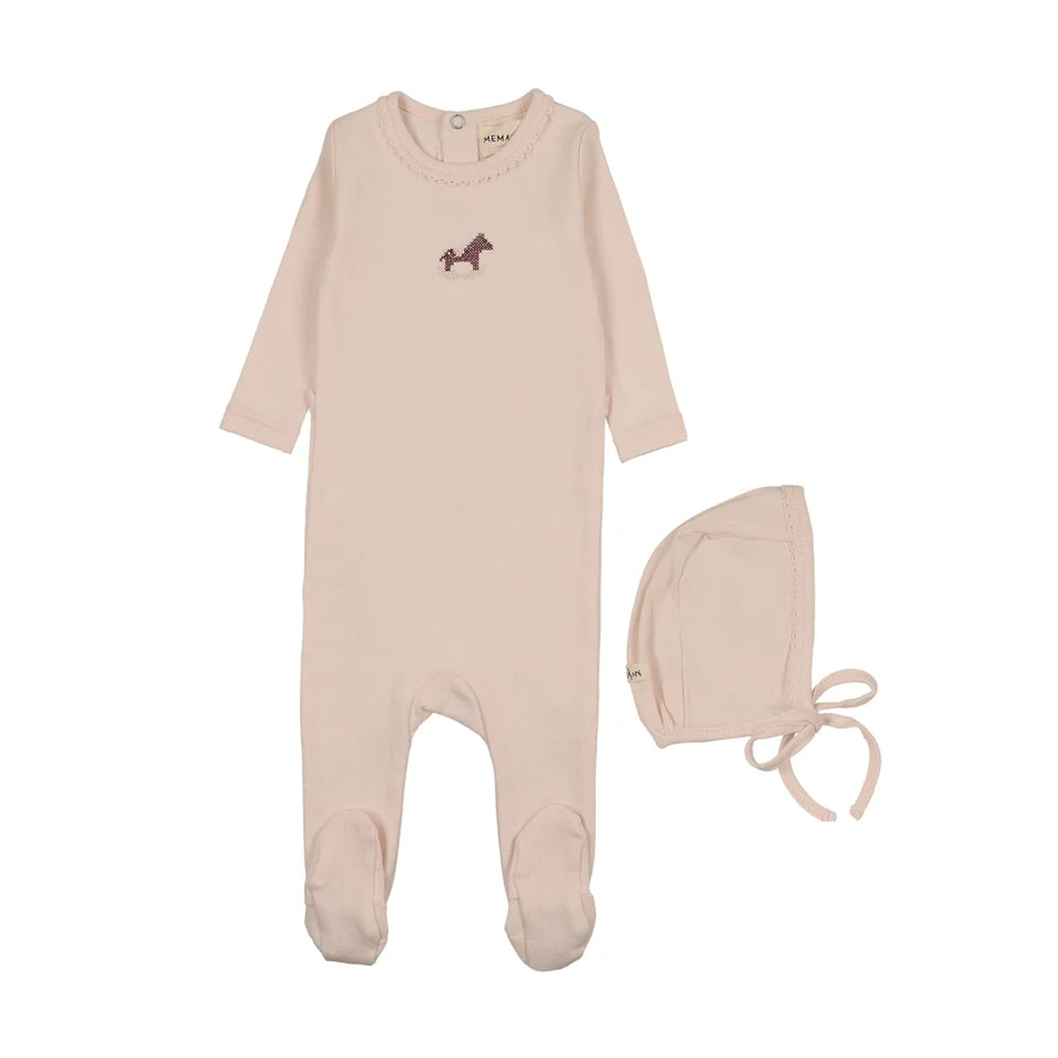 Mema Knits Blush Embroidered Horse Rocker Footie