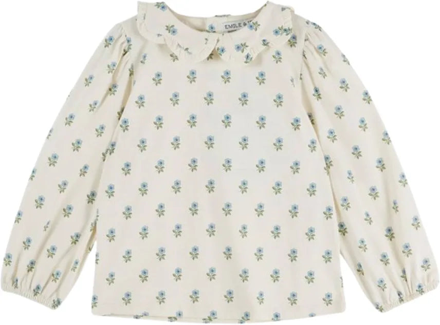 Emile & Ida Ecru Scallop Blue Floral Blouse