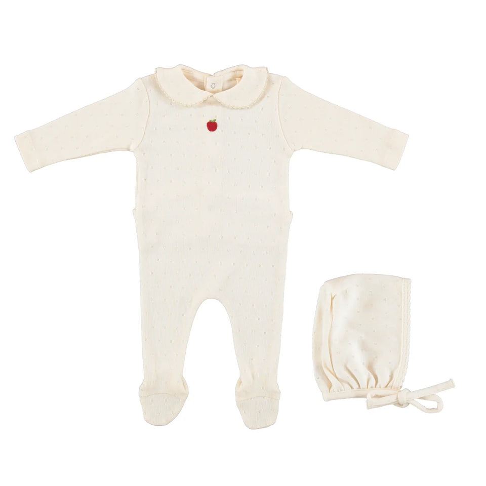 Bebe Organic Apple Collar Natural Pointelle Footie + Bonnet