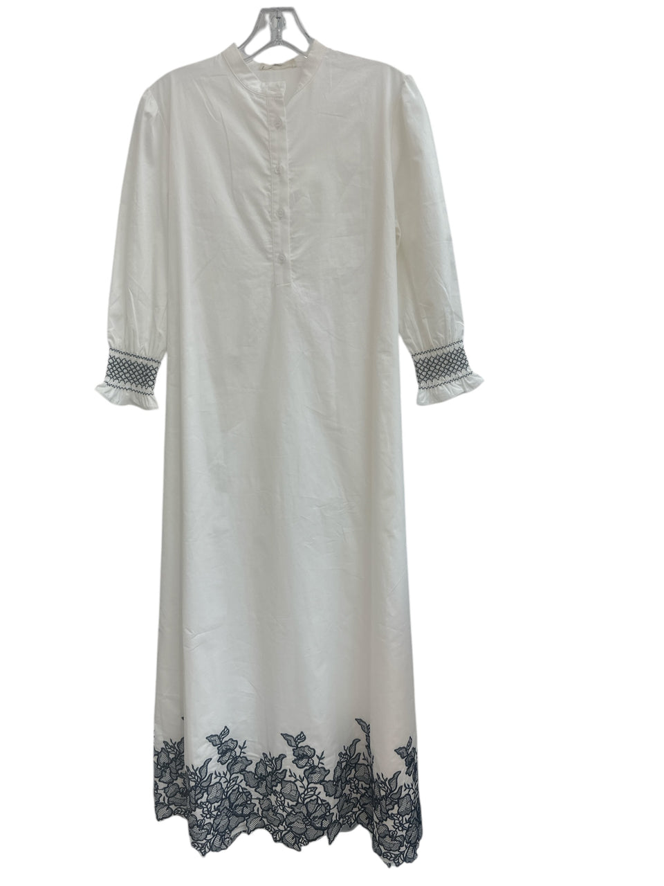 Laurent White Cotton w/ Navy Floral Bottom Embroidery Dress