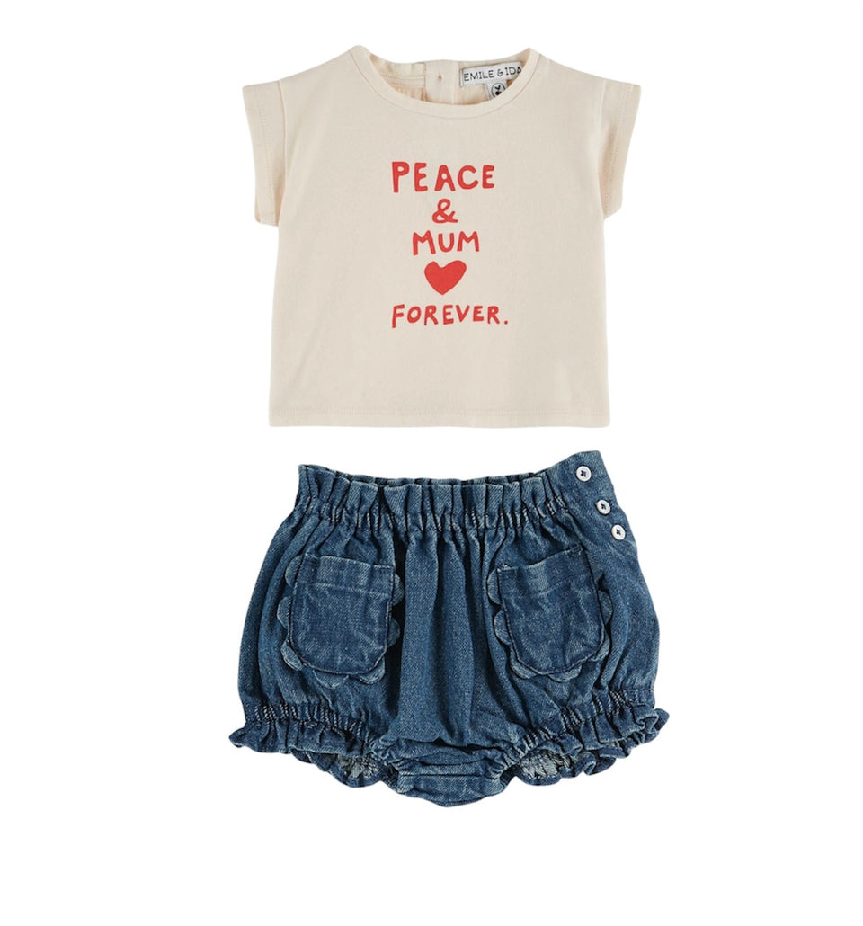 Emile & Ida Cream T-Shirt W/ Denim Bloomers
