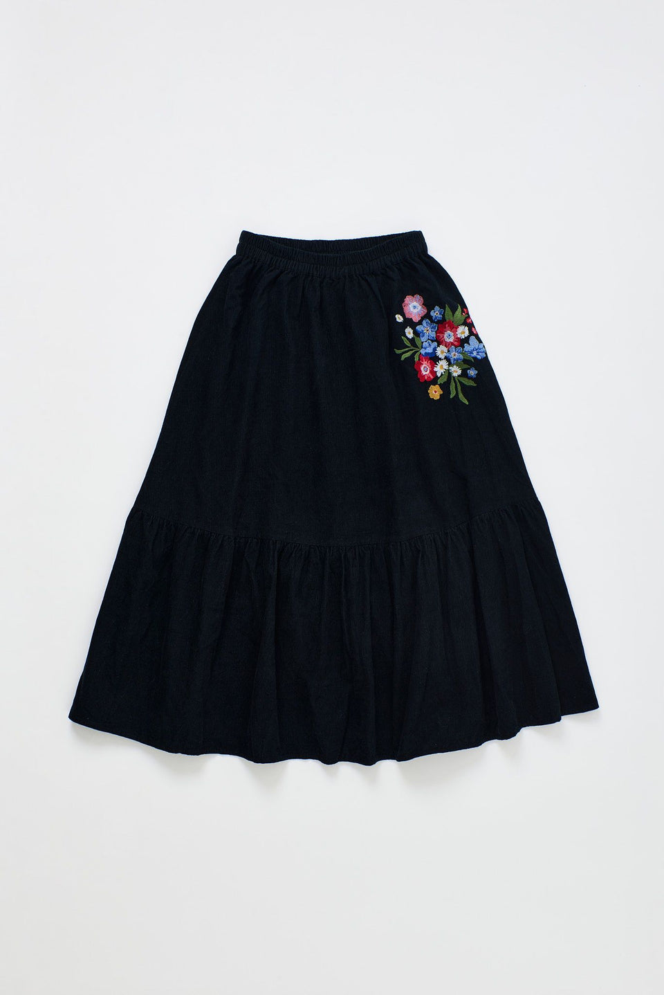 Maison Mangostan Florecitas Embroidery Microcorduroy Black Skirt