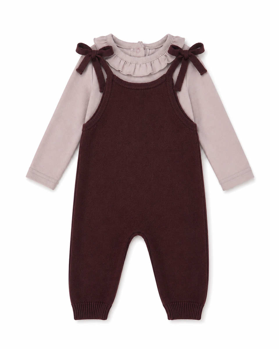 Bamboo Burgundy Shoulder Bow Romper w/ Lilac Ruffle Collar Set
