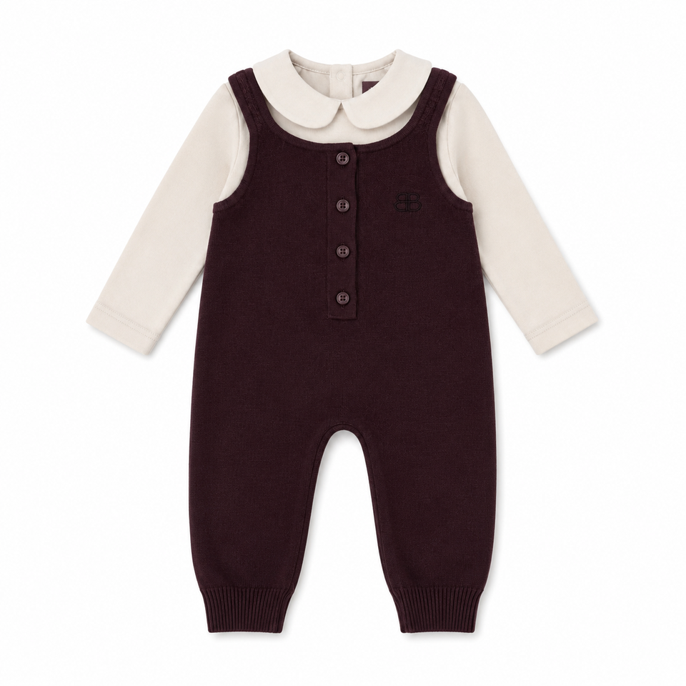 Bamboo Burgundy Button Knit Romper w/ Cream Round Collar Set