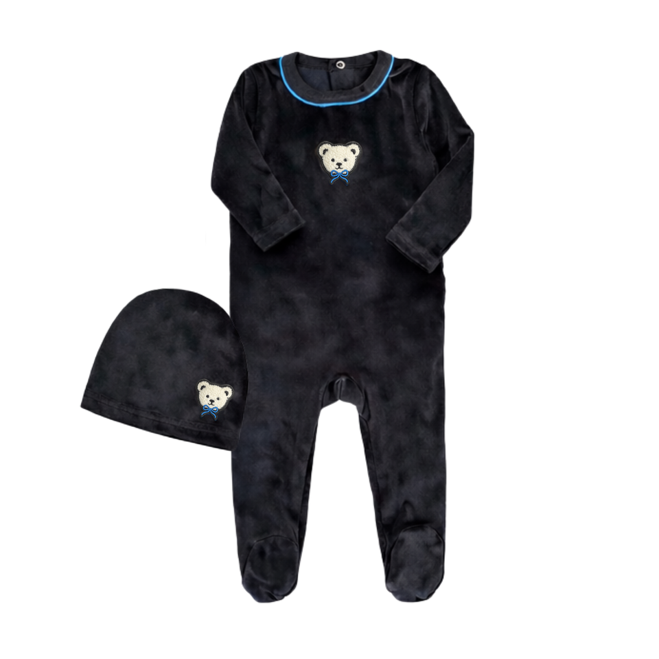 Little Label Velour Black/Blue Piping Teddy Footie + Bonnet