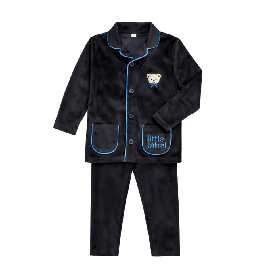 Little Label Velour Black/Blue Piping Teddy Grandpa Pajamas