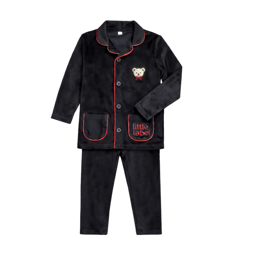 Little Label Velour Black/Red Piping Teddy Grandpa Pajamas