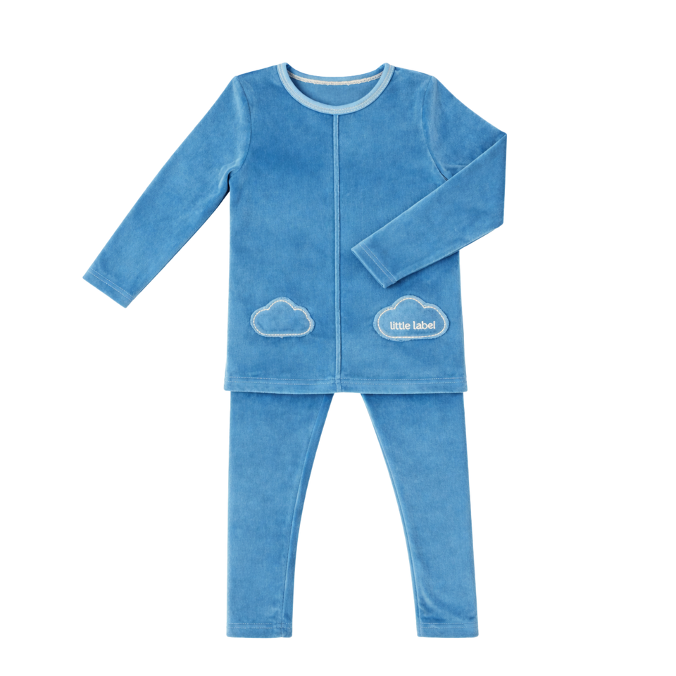 Little Label Velour Blue Cloud Pocket Pajamas