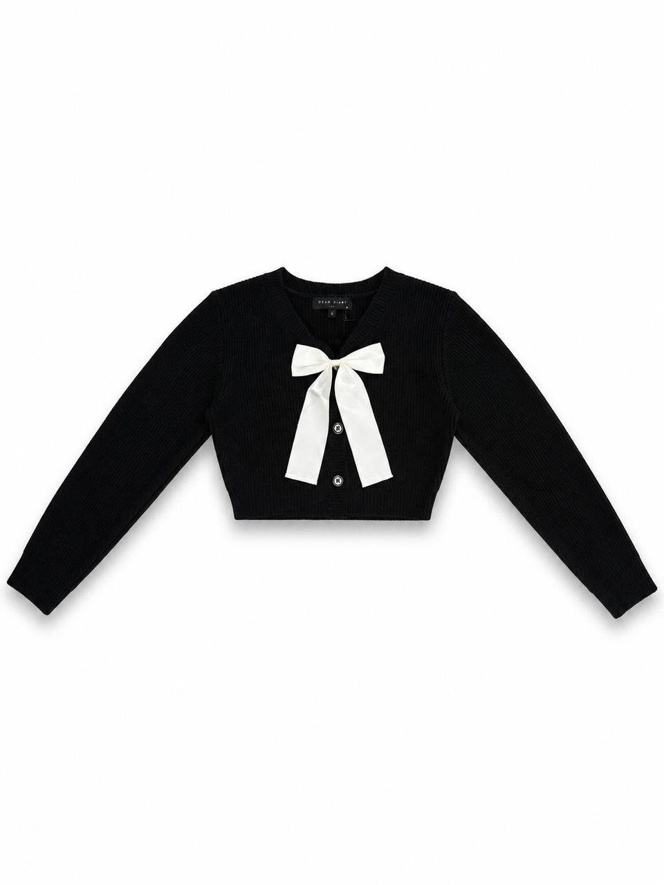 Gold Rush Removable Ivory Bow on Black Ribbed Cardigan