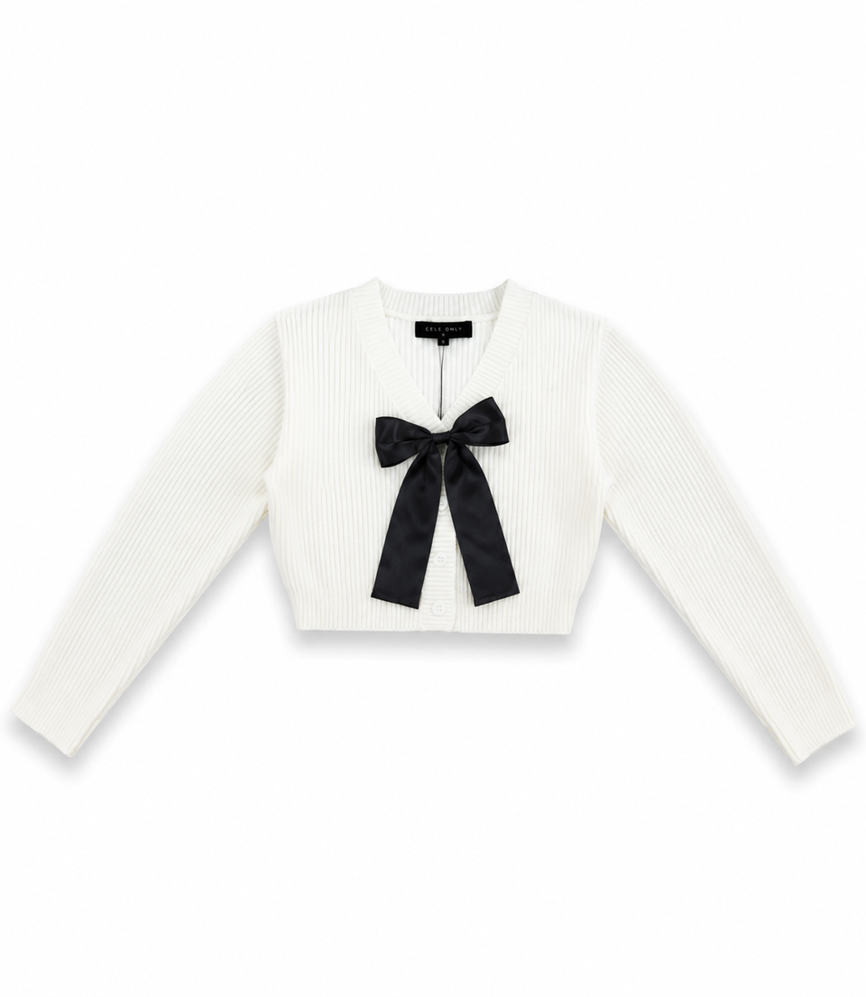 Gold Rush Removable Black Bow on Ivory Ribbed Cardigan