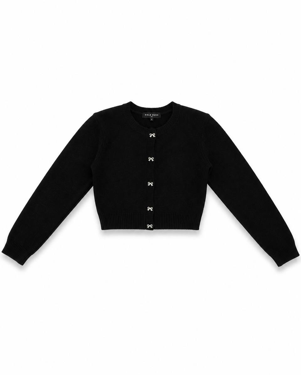 Gold Rush Black Soft Knit Silver Bow Button Cardigan