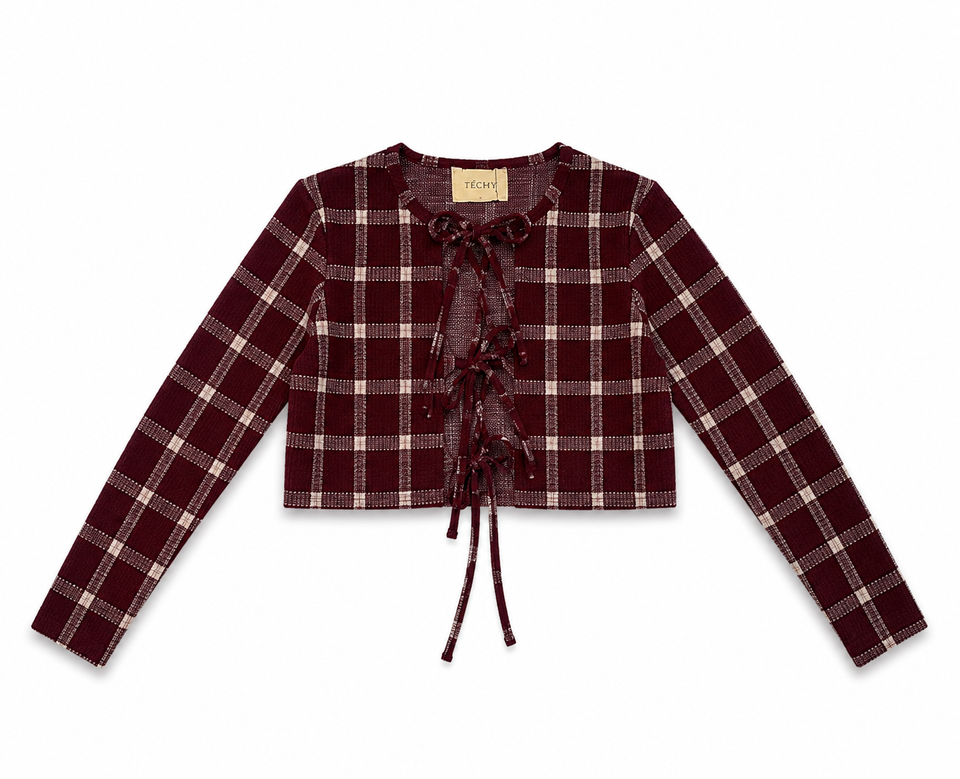 Estee Burgundy Plaid Tie Front Top