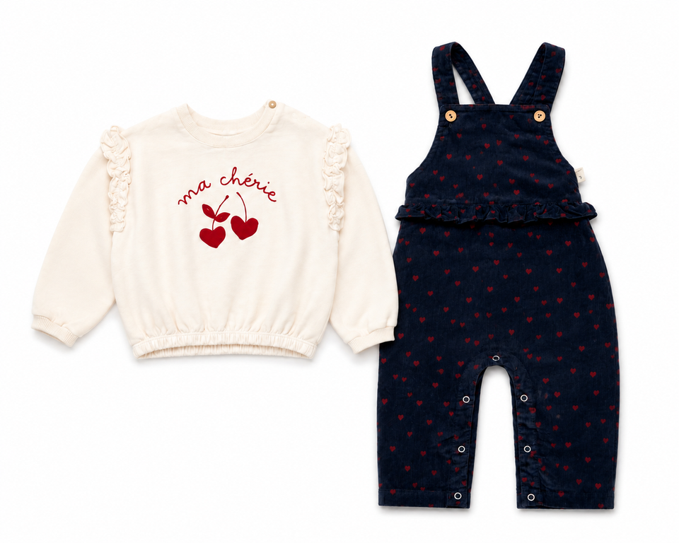 Buho Navy Mini Coure Dungaree Cream Pink Sweater Set