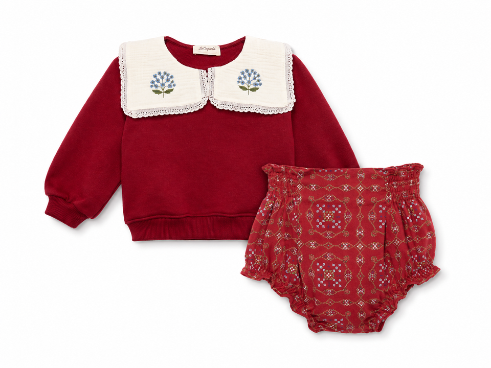 Birinit Cherry/Ribera Embroidered Collared Sweater Set