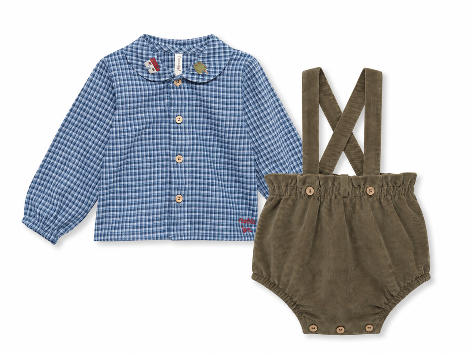 Birinit Indigo Gingham w/ Khaki Corduroy Overall Set