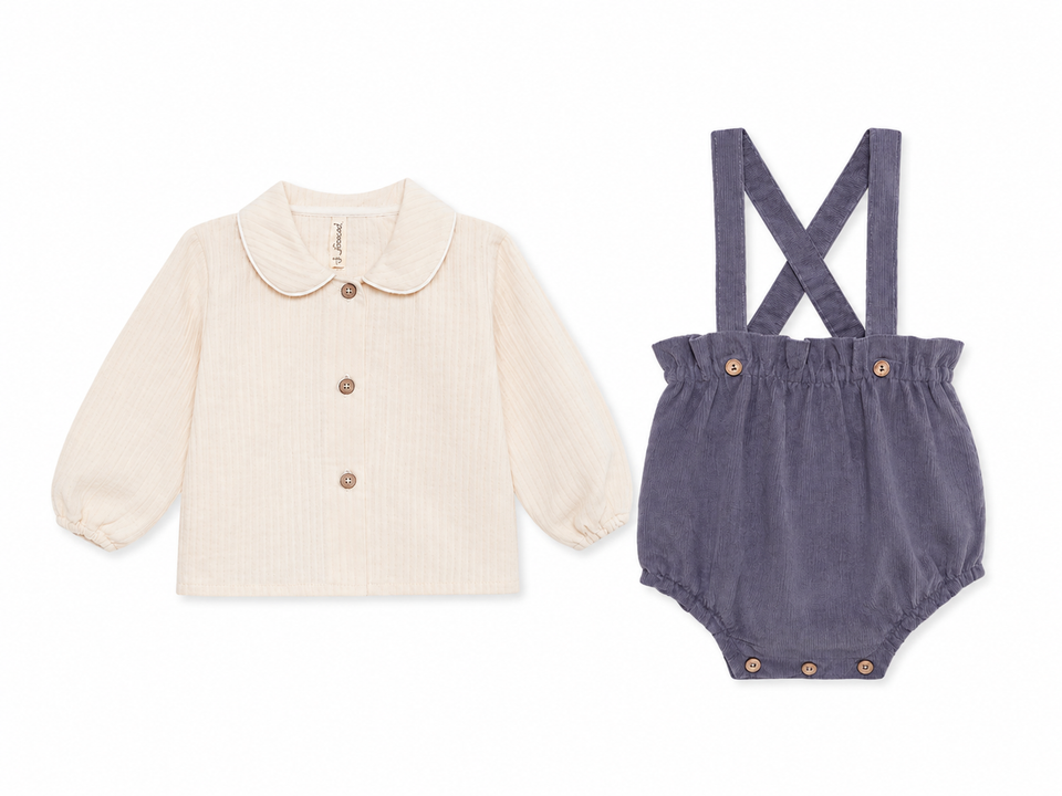 Birinit Ivory Peter Pan Shirt Storm Blue Corduroy Overall Set