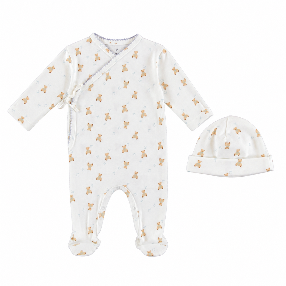 Bebe Organic Ted Wrap Teddy Blue Footie + Bonnet