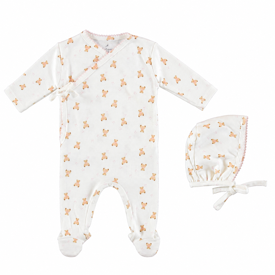 Bebe Organic Ted Wrap Teddy Pink Footie + Bonnet