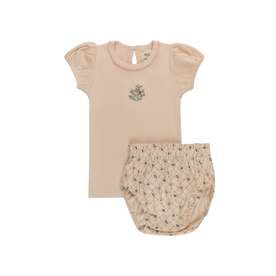Elys & Co Pink Ribbed Floral Embroidered Set