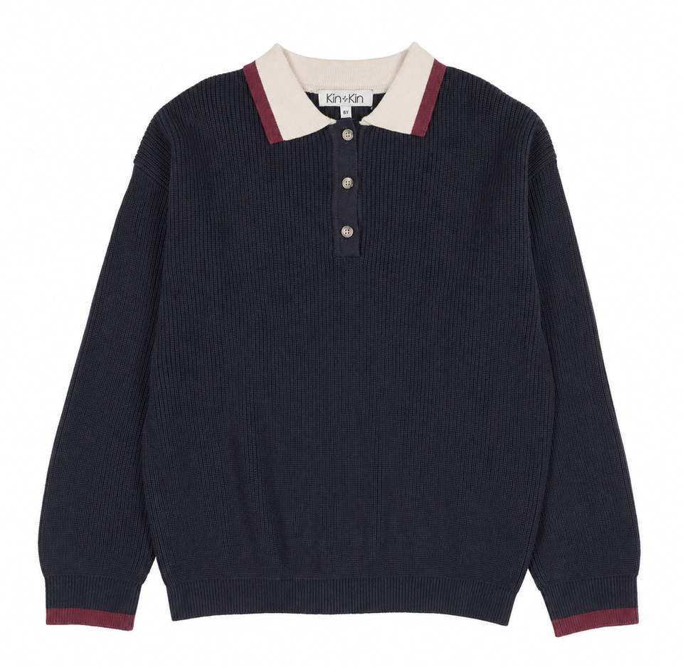 Kin+Kin Navy/Sand Knit Polo Sweater
