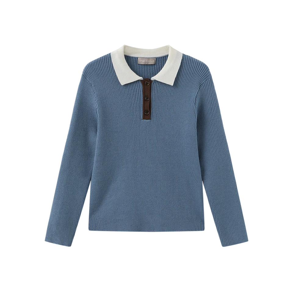 Blue Palli Ribbed Collared Sweater