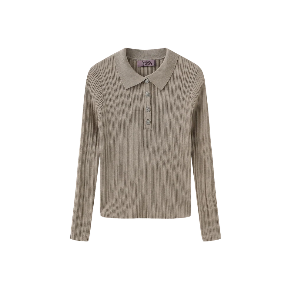Taupe Mica Ribbed Knit Ruffle Collar Sweater