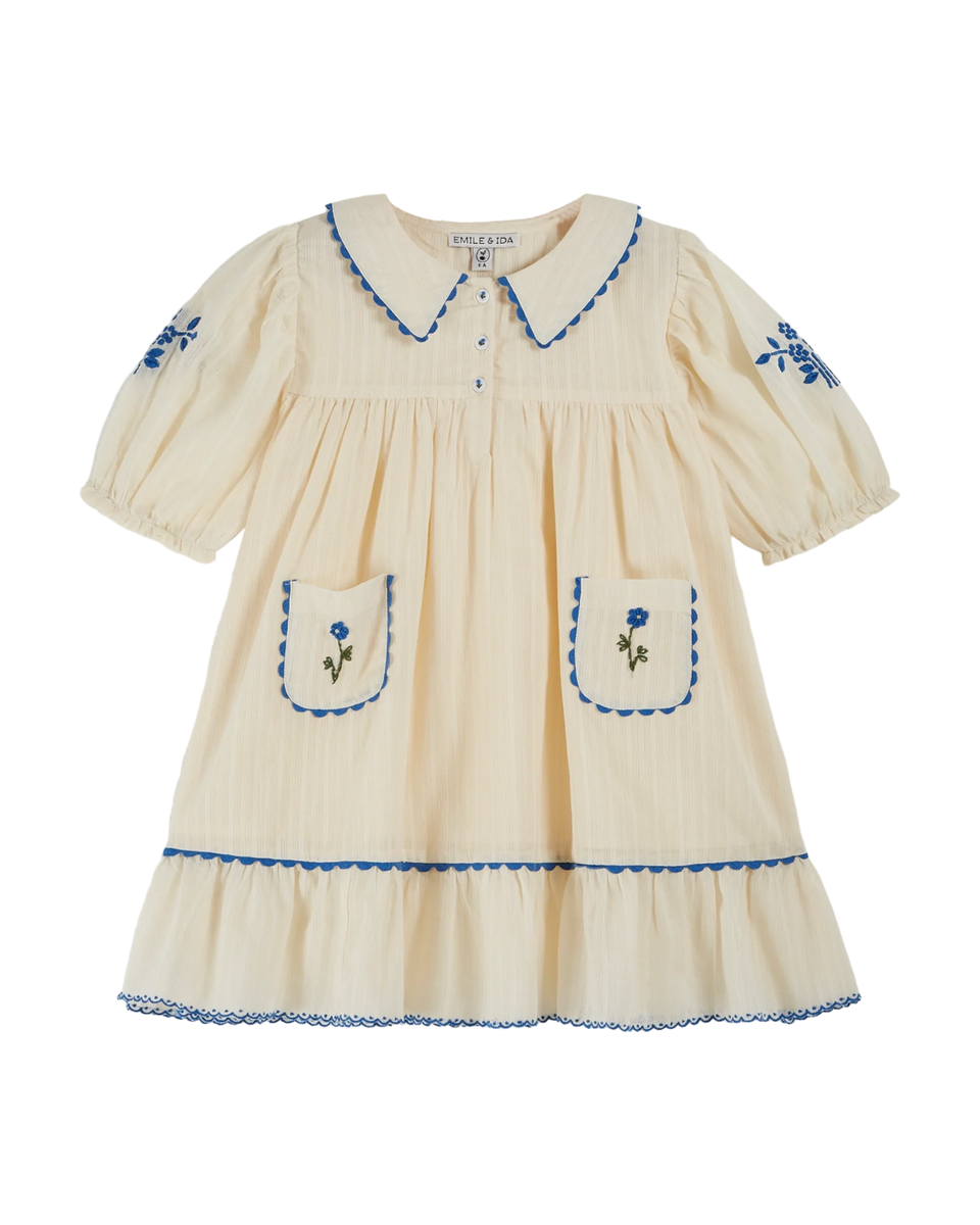 Emile & Ida Cream W/ Blue Embroidered Dress