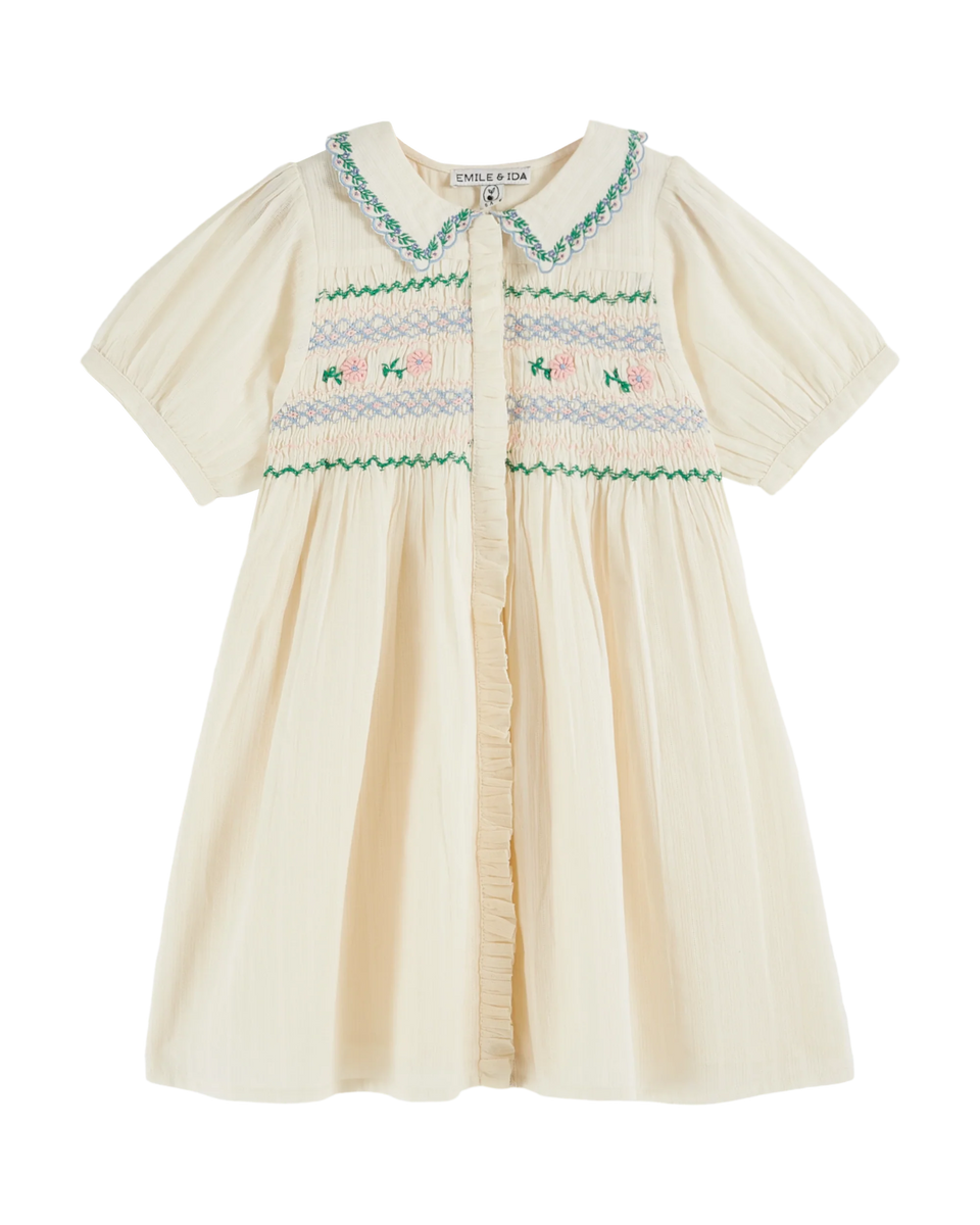 Emile & Ida Cream Smocked Embroidered Dress