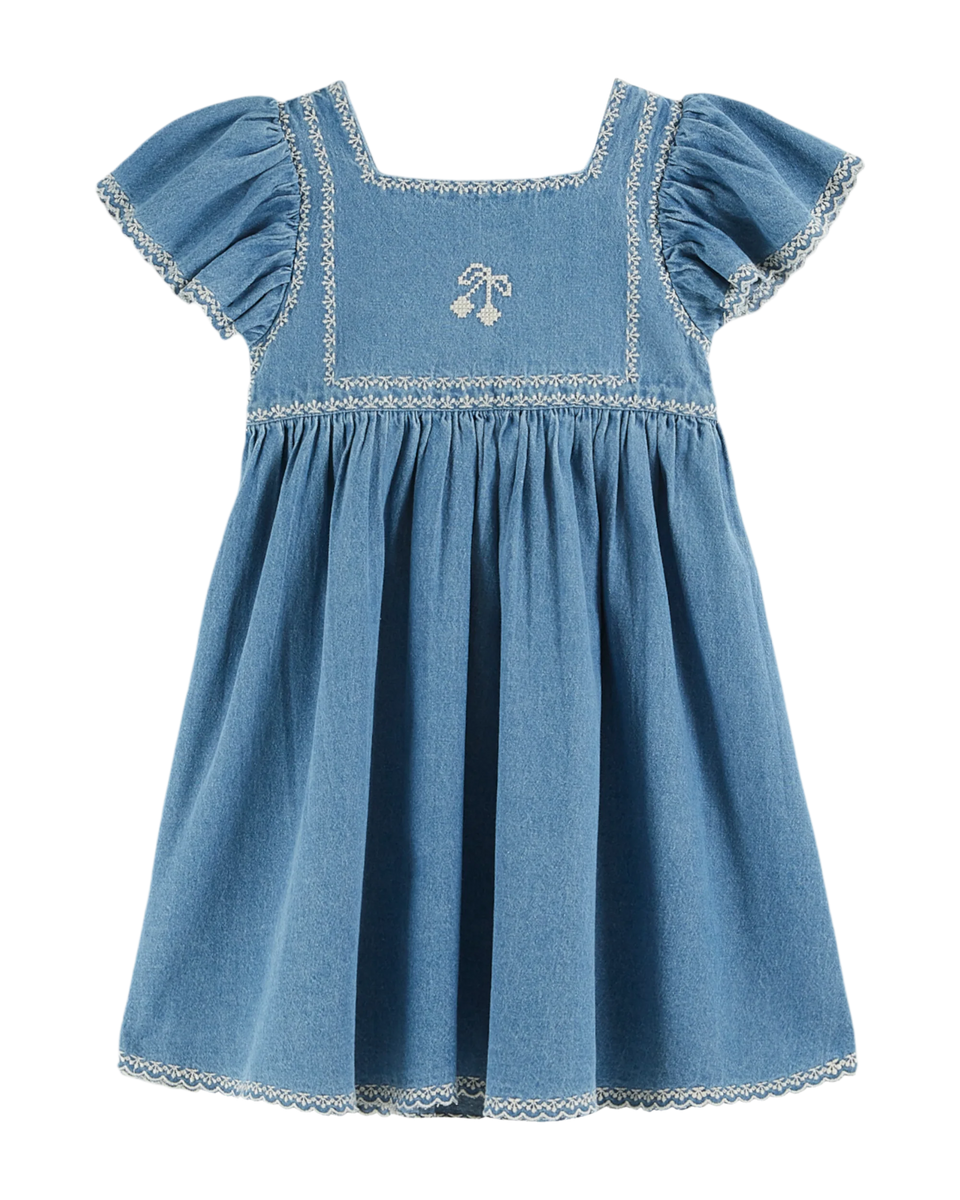 Emile & Ida Light Denim Cherry Embroidered Dress