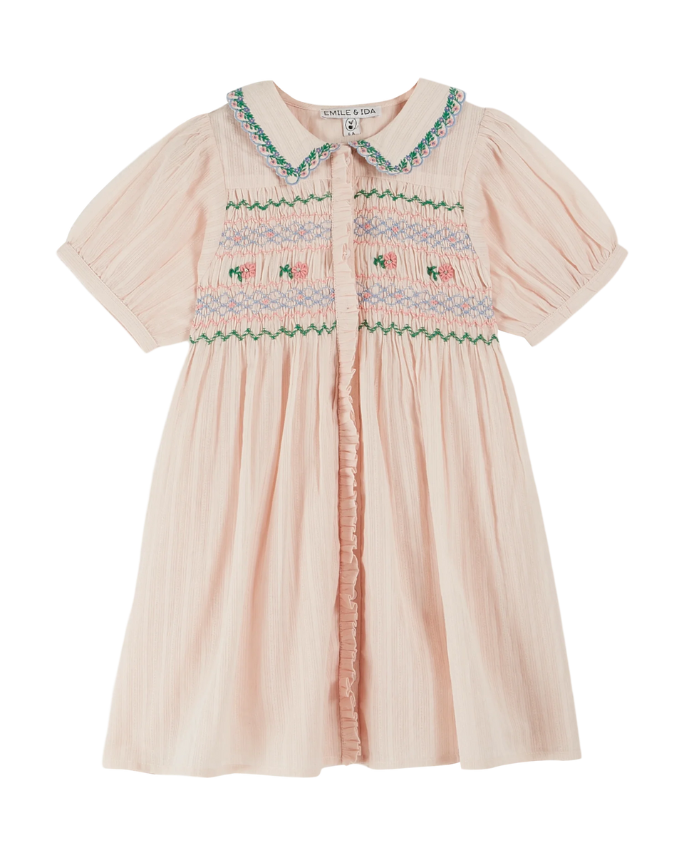 Emile & Ida Pink Smocked Embroidered Dress