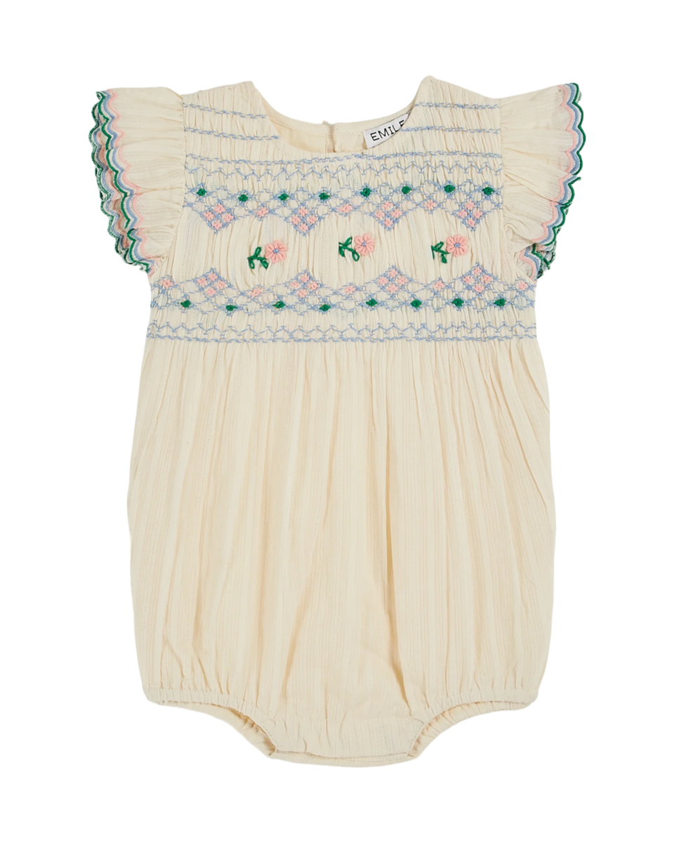 Emile & Ida Cream Embroidered Smocked Romper