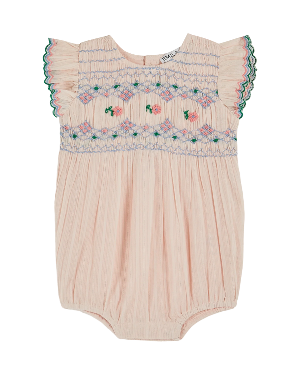Emile & Ida Pink Embroidered Smocked Romper