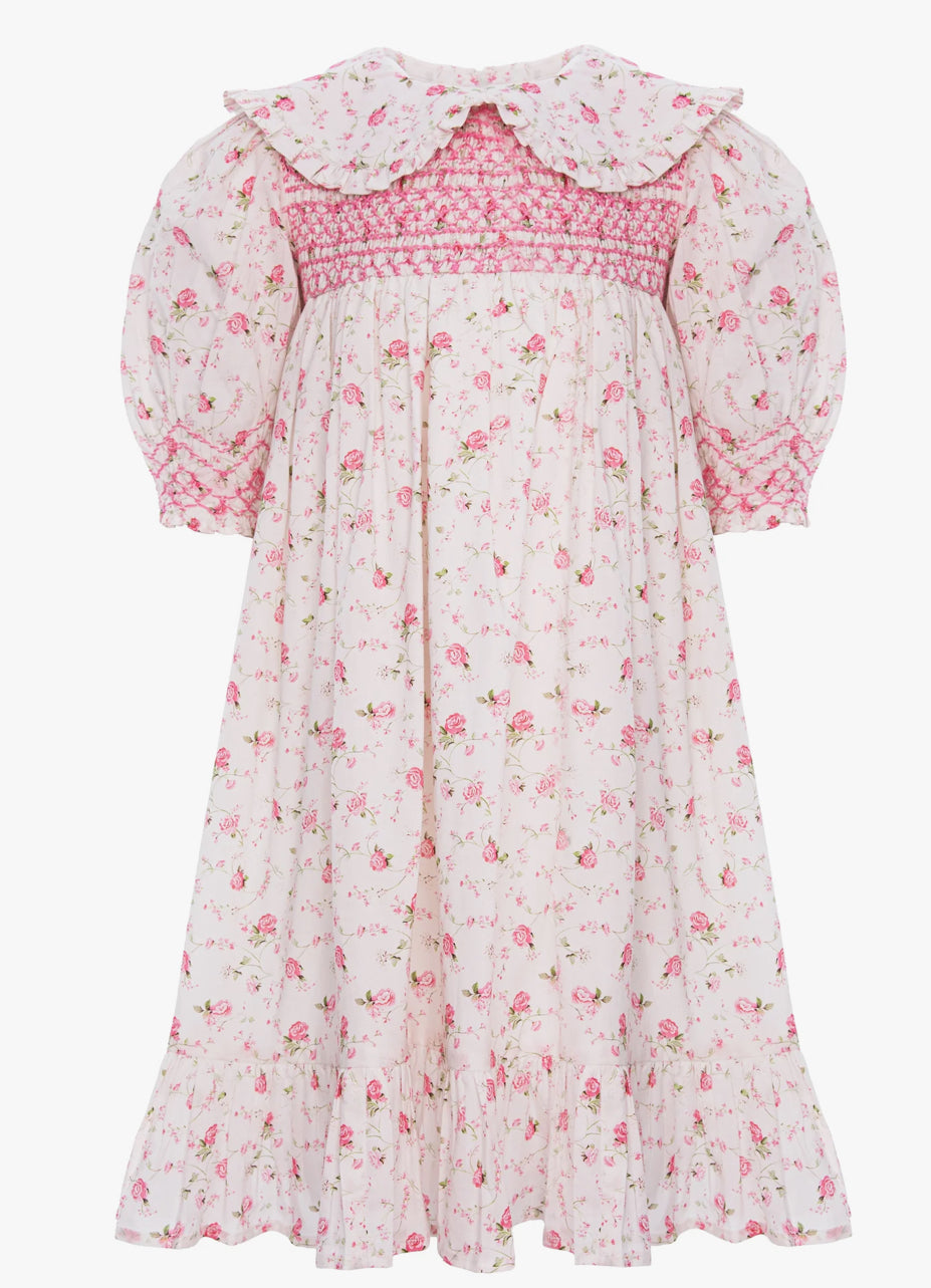 Pernille Pink Roses Smocked Dress- 3/4 Sleeves