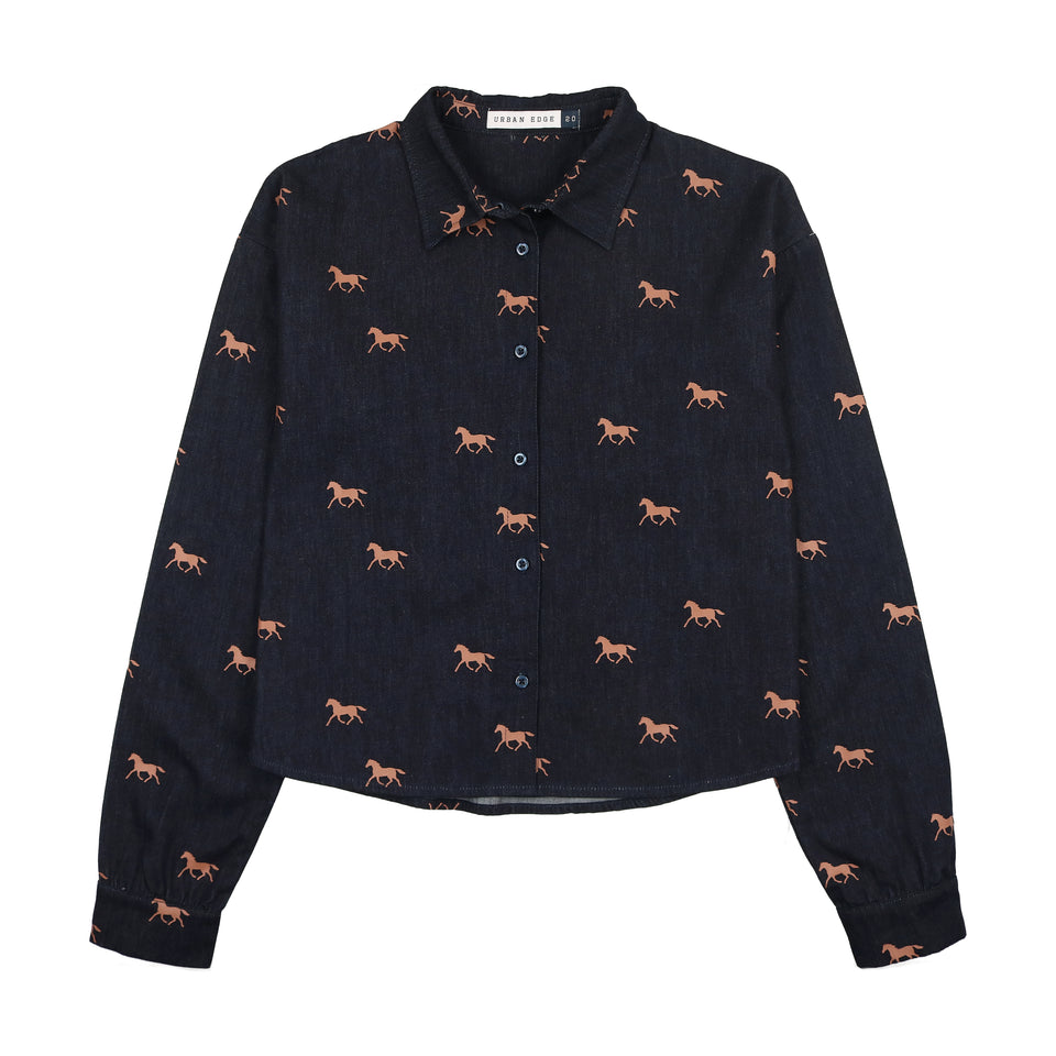 Urban Edge Blue Denim Horse Print Shirt