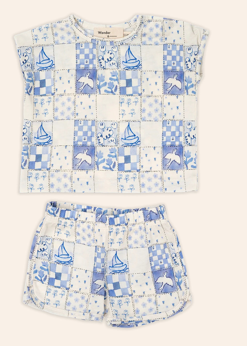 Wander and Wonder White & Blue Tile Tshirt Set