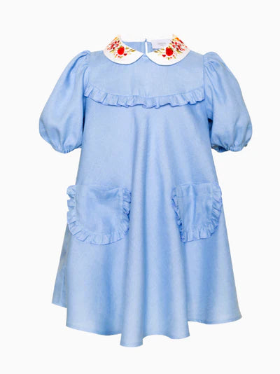 Paade Mode Blue Linen Dress with Embroidered Collar